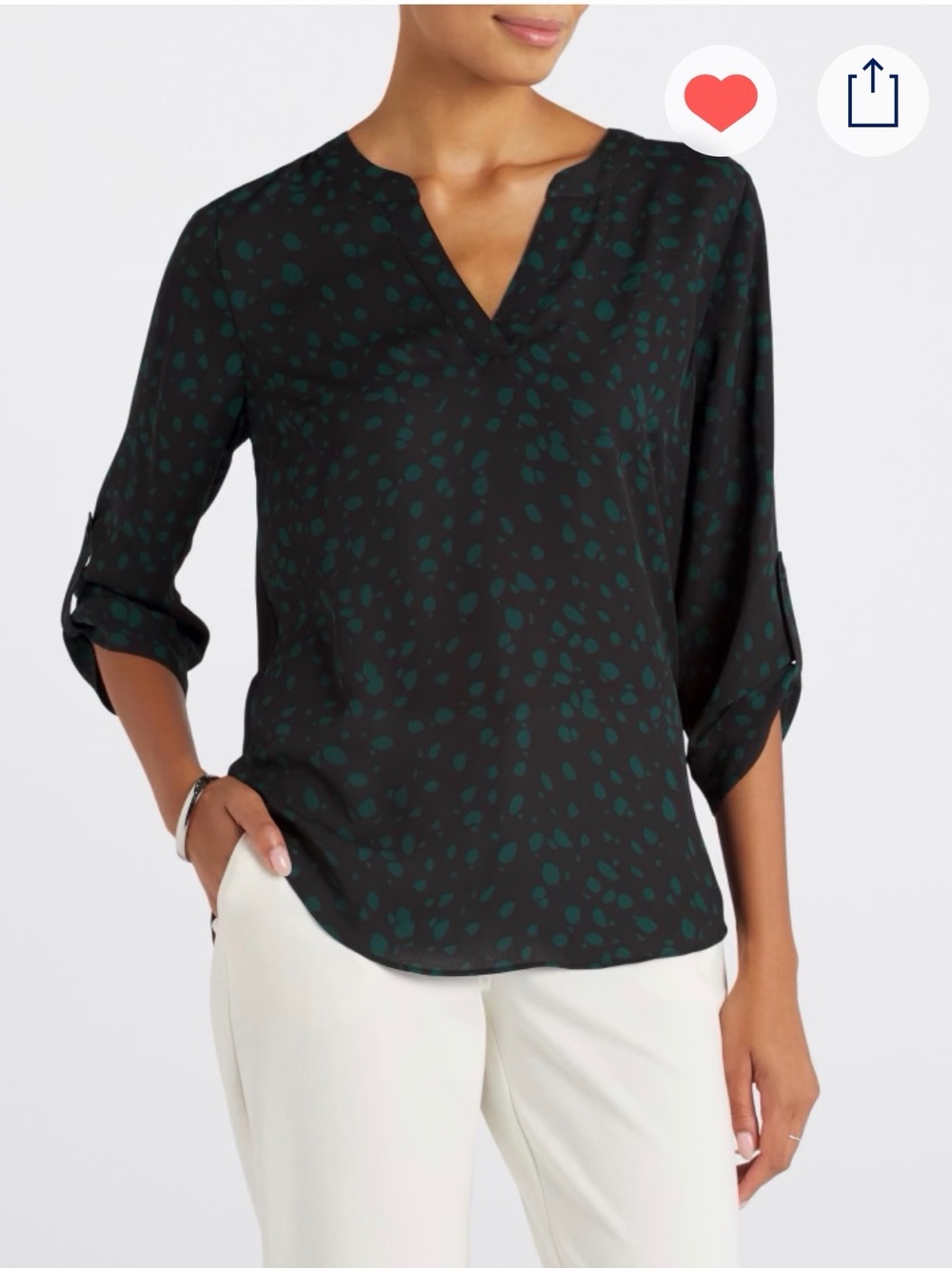 V-Neck Roll-Sleeve Mixed Material Blouse in Black with Teal Dots